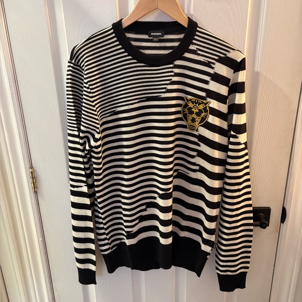 Diesel Black & White Striped Crewneck Sweater with Yellow Crest